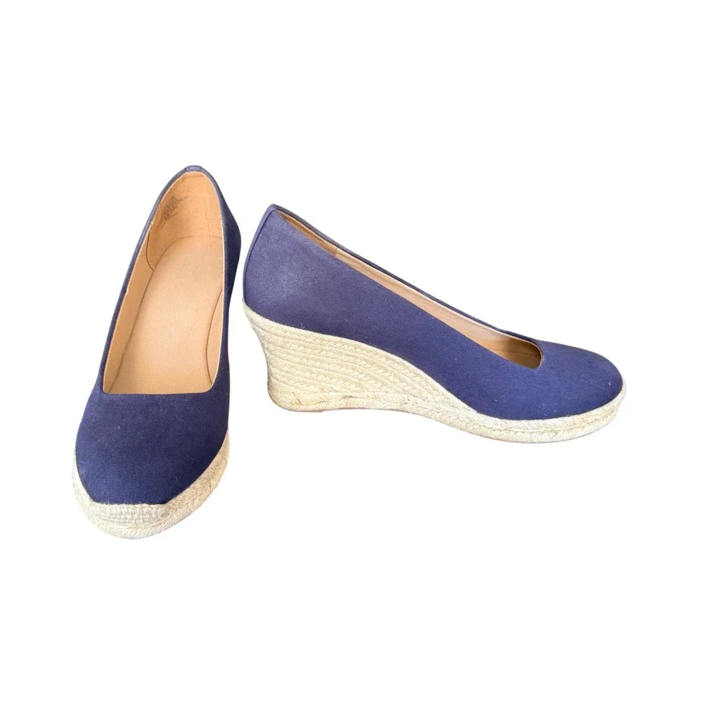 J Crew Womens‎ Navy Blue Canvas Espadrille Wedge Shoes Size 9 Round Toe Slip On